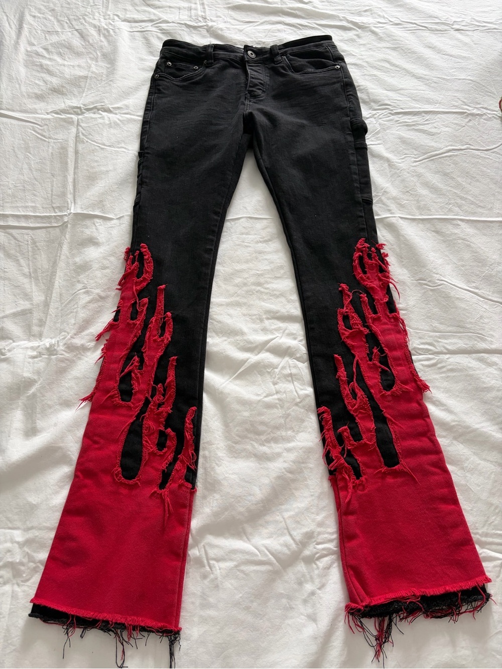Valabasas Edgy Nashville Party Flare Jeans Black with Red Flame Detailing